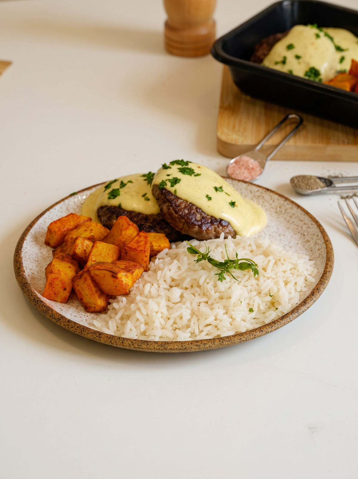 Hambúrguer de bovino ao molho mostarda, arroz branco e batata assada